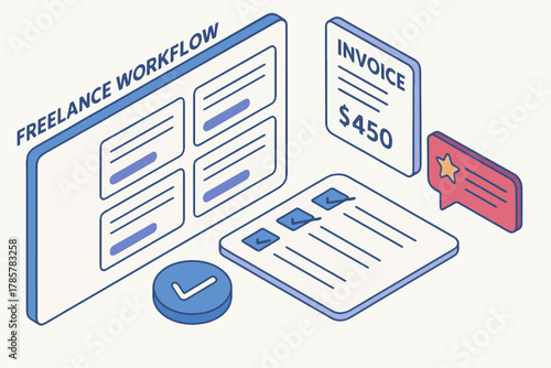 Isometric freelance workflow with invoice and task checklist