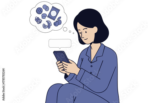 A woman relaxes at night, browsing snack options on her phone. A thought bubble displays tempting treats. Soft, modern illustration style.