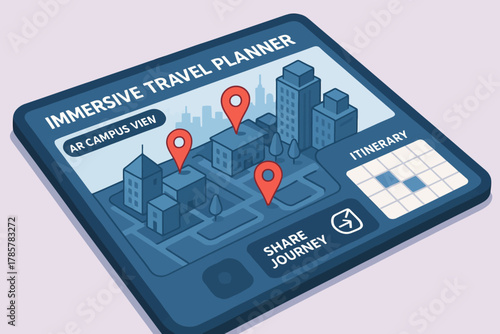Augmented reality travel planner interface with campus map and itinerary