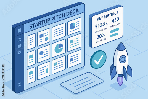 Isometric startup pitch deck with key metrics and rocket icon