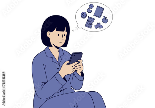 A woman relaxes at home, scrolling through snack options on her phone. A thought bubble displays tempting treats. Cozy, nighttime scene.