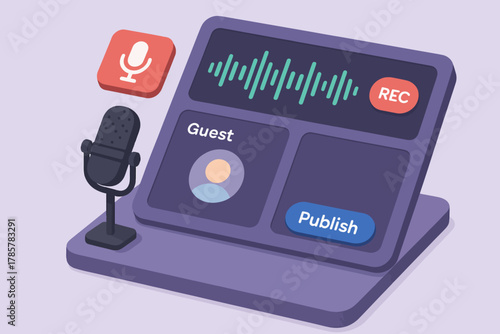 Podcast recording interface with microphone and guest options