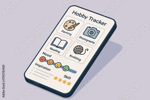 Hobby tracker app on smartphone displaying painting, photography, reading, knitting, and progress tracking