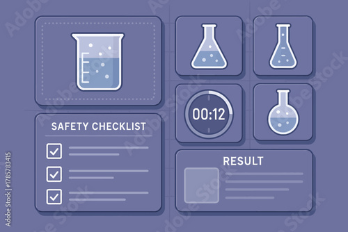 Laboratory experiment interface with beaker and flasks display and safety checklist