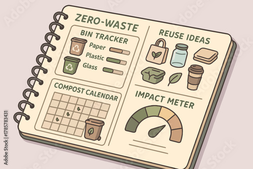 Zero-waste planner featuring bin tracker, compost calendar, reuse ideas and impact meter