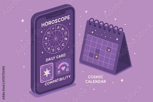 Horoscope app interface with zodiac symbols and cosmic calendar on purple background