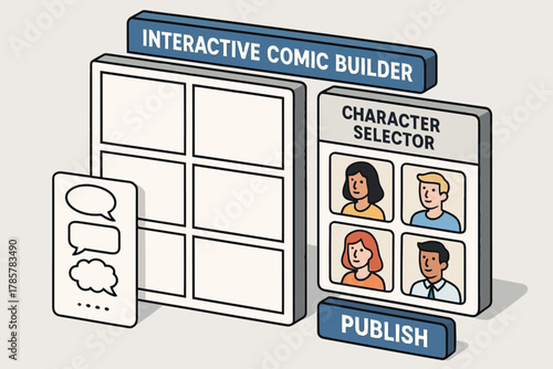 Interactive comic builder interface with character selector and publish options