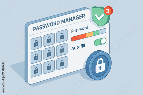 Secure password manager interface with lock icons and privacy shield