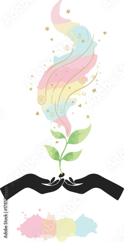 Hands cradling a growing plant, emanating magical pastel energy with stars.