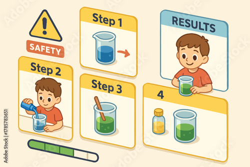 Steps of science experiment for kids featuring male child with safety precautions and results