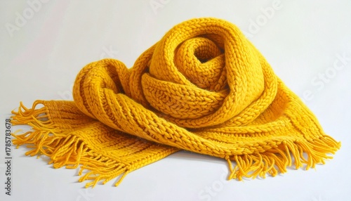 Bright yellow cable-knit scarf with ribbed end and fringed edge, laid out on a white surface to highlight cozy texture and vibrant winter fashion.