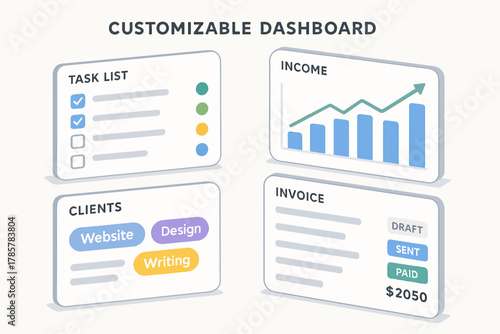 Customizable dashboard interface with task list, income graph, clients, and invoice panels