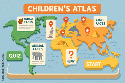 Interactive children's atlas with world map and fun fact quizzes