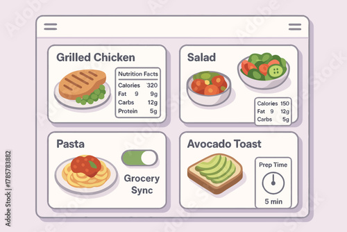 Digital meal planner with nutrition facts and prep time for grilled chicken and avocado toast