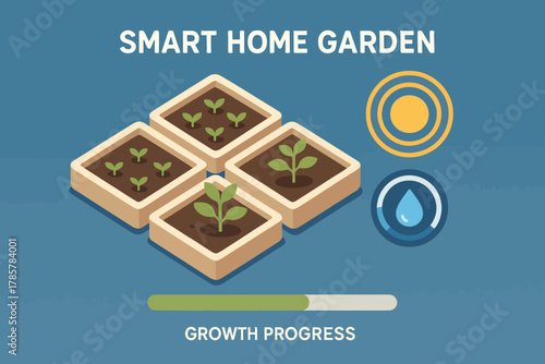 Smart home garden with seedlings and growth progress in planters