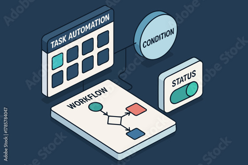 Isometric illustration of task automation workflow diagram with condition and status indicators