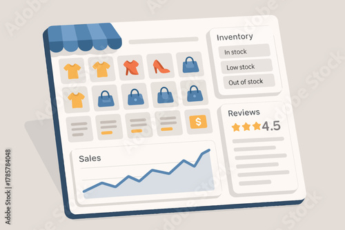 E-commerce dashboard with inventory, sales graph, and customer reviews