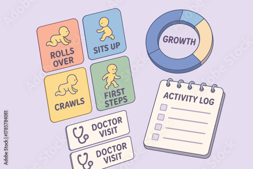Infant milestones and growth tracking chart with activity log icons
