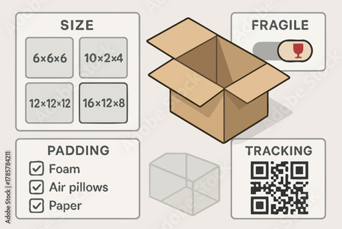 Open cardboard box with size options, padding, fragile label, and tracking qr code