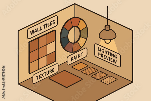 Modern interior design elements with wall tiles, paint options, texture samples, and lighting preview