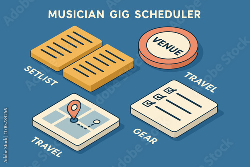 Musician gig scheduler setlist venue travel gear isometric illustration
