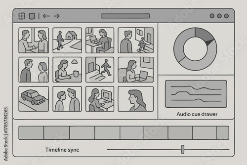 Interface design with icons and graphs for workflow visualization in software application