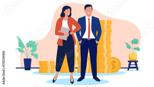 Smiling business man and woman making money standing together in front of piles of gold coins, symbolising financial success, wealth, and investment in a flat design vector illustration