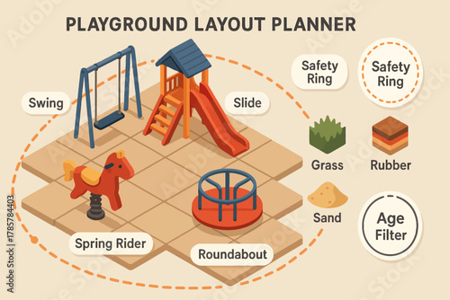 Interactive playground layout planner with slide, swing, and safety features