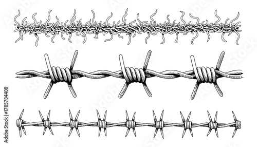 Thorn Vine Stem Doodle – Spiky Y2K Creepy Branch Border, Barbed Wire Tattoo Style Divider, Simple Plant Line Art Set for Graphic Design and Decorative Layout