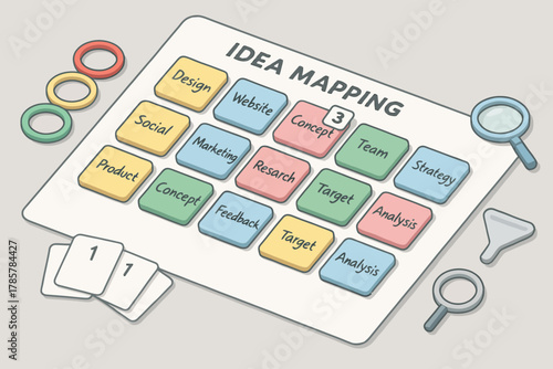 Conceptual brainstorming board with idea mapping and planning tools
