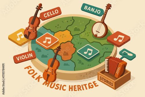 Folk music heritage with violin, cello, banjo, and accordion