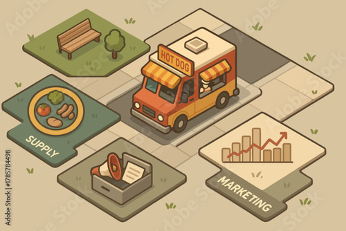 Food truck business concept with hot dog van and marketing elements