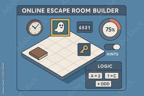 Interactive online escape room builder interface with puzzle elements and hints