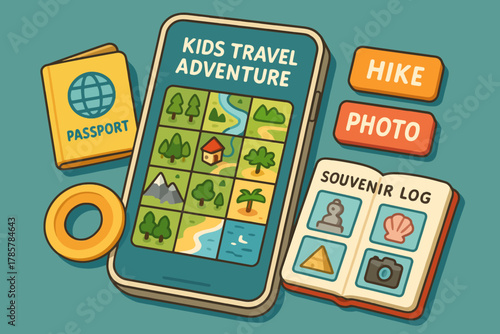 Kids travel adventure game with passport and souvenir log