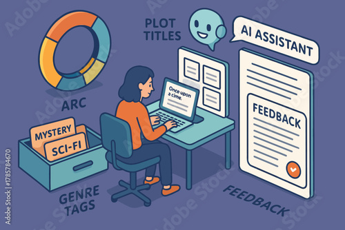 Female writer using ai assistant for plot titles and genre tags in a creative workspace