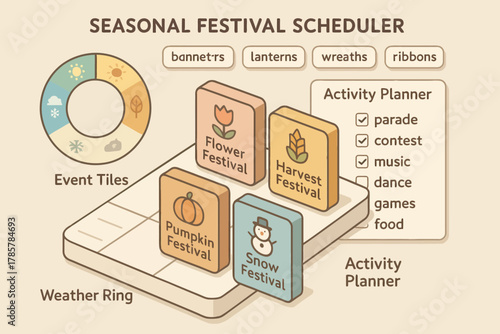 Seasonal festival scheduler with icons for flower, harvest, pumpkin, and snow events
