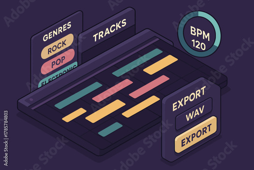 Isometric music production interface with bpm indicator and genre options