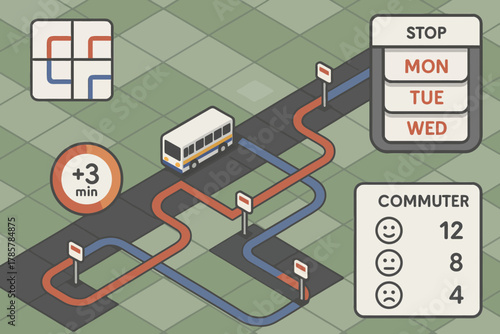 Isometric bus route map with schedule and commuter feedback icons