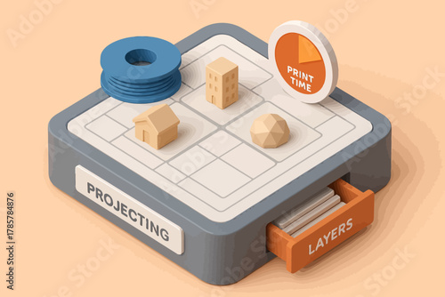 3d printing process model with buildings and graphics on orange background