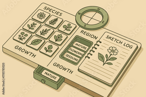 Botanical study kit with compass and sketch log for plant growth tracking