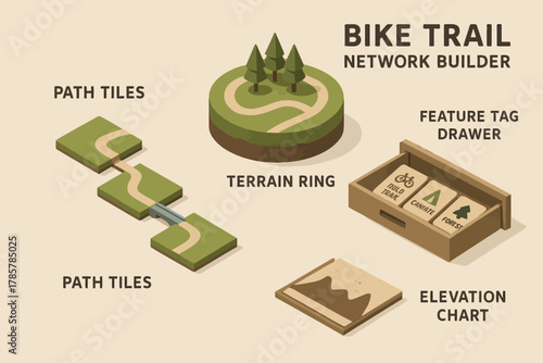 Bike trail network builder: path tiles, terrain ring, feature tags, elevation chart setup