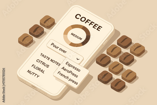 Coffee brewing options on mobile app with coffee beans in background