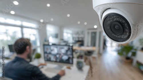 Close-up of a modern home security camera monitoring an office setting