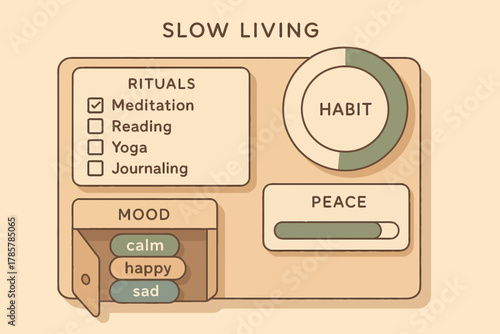 Relaxed lifestyle dashboard featuring meditation and mood tracking