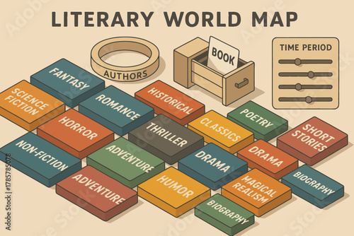 Literary world map with genres and authors highlighted