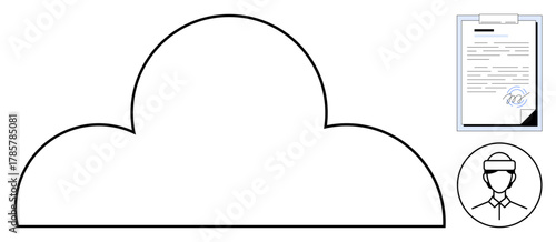 Cloud structure connected with a signed document icon and user avatar, representing secure document storage, authentication, privacy, digital data, remote access, and accountability. Simple flat