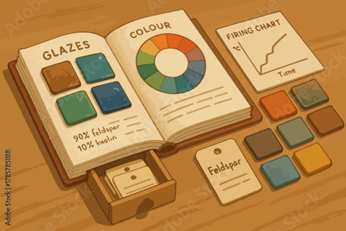 Ceramic glaze and color chart with firing temperature on wooden surface