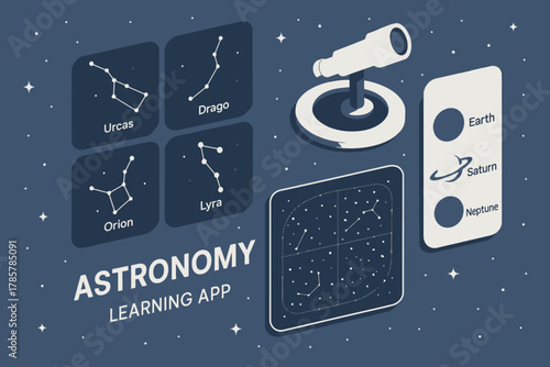 Astronomy learning app interface with constellations and planets illustration