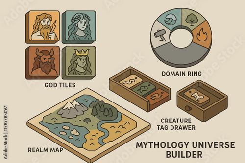 Mythology universe builder game components with god tiles and realm map