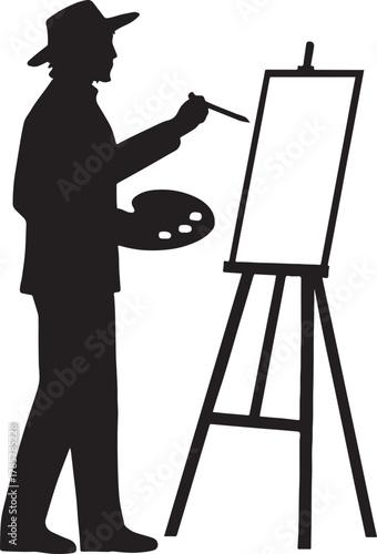 Artist silhouette painting on easel with brush and palette creating art